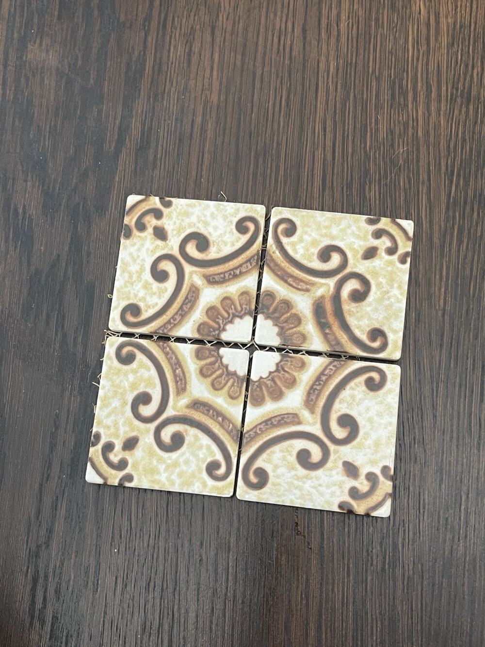 (1) Set Of 4 Antique Porcelain Tile MCM Earth Tone Mandela Floral Vintage